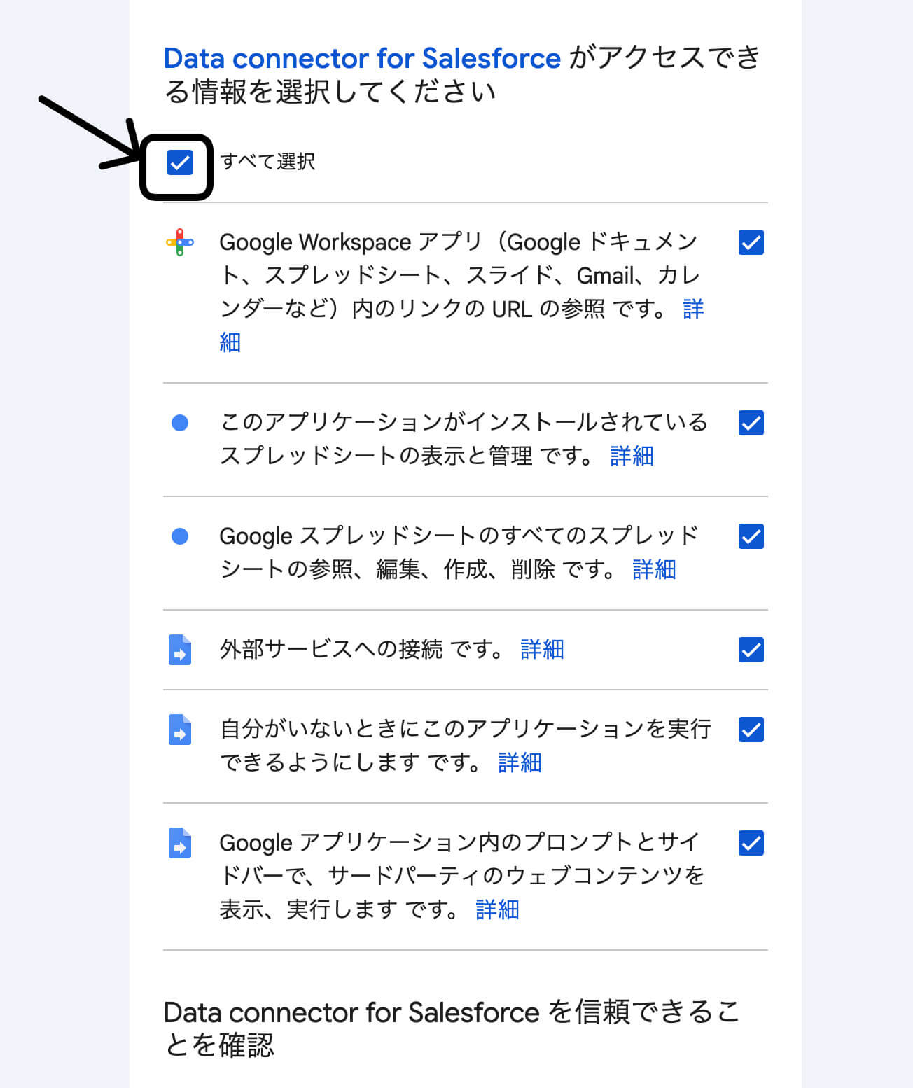 salesforceConnectorの権限付与を設定する画面