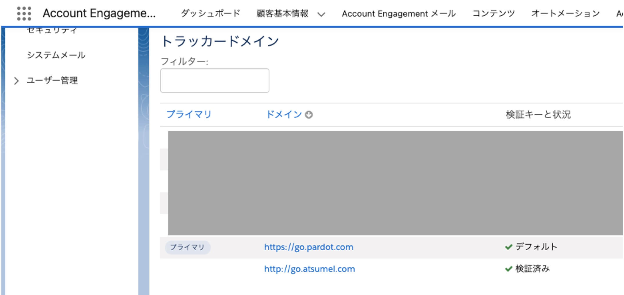 検証済みとなったトラッカードメインの表示画面