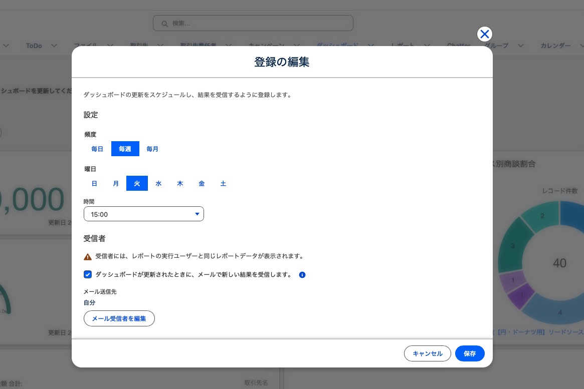 自動メールの配信設定画面