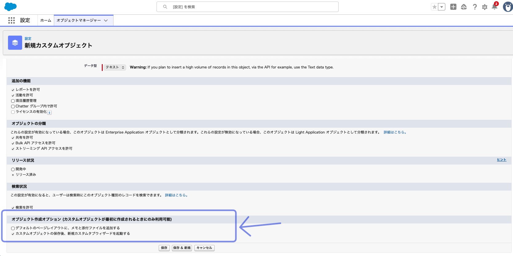 カスタムオブジェクトのタブの設定オプション