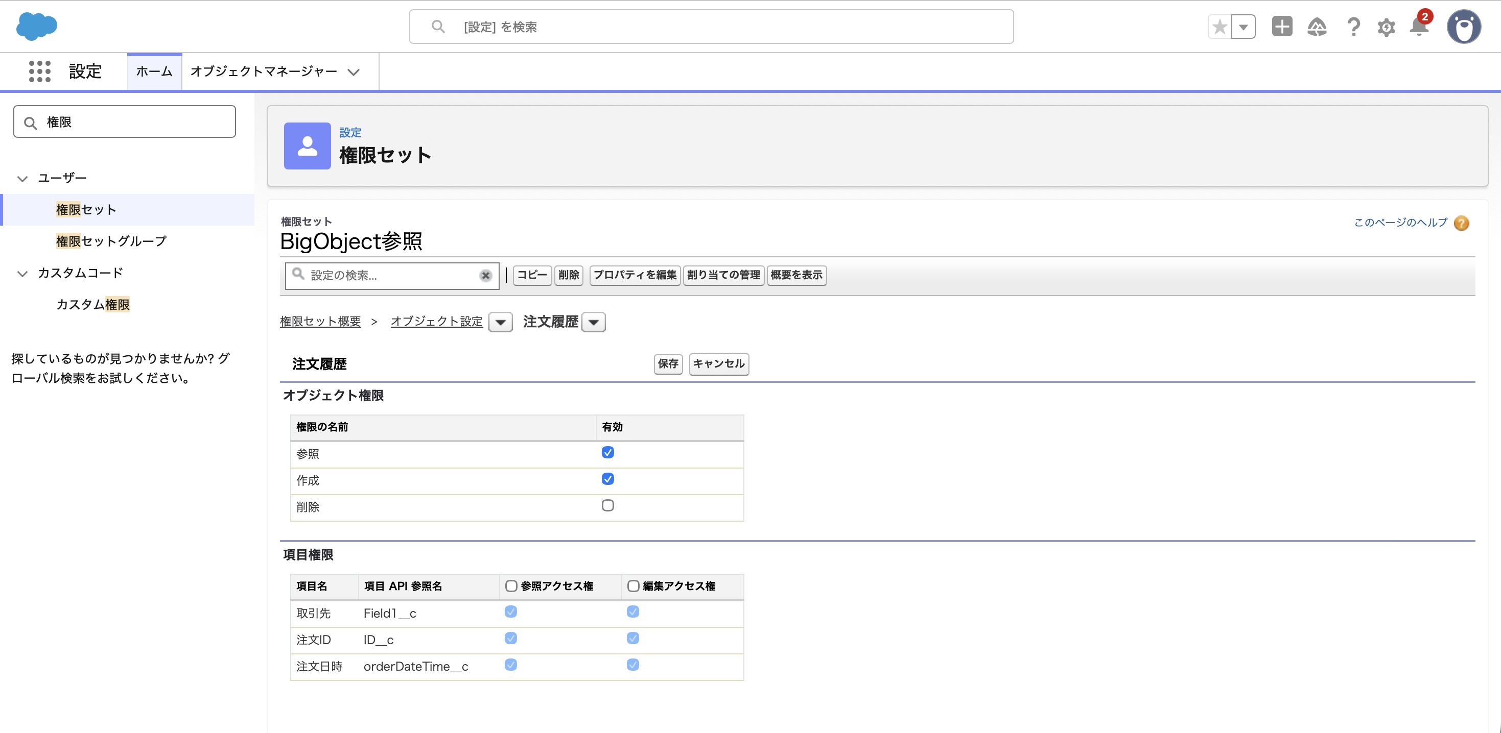 権限セットによるBigObjectの権限付与設定画面