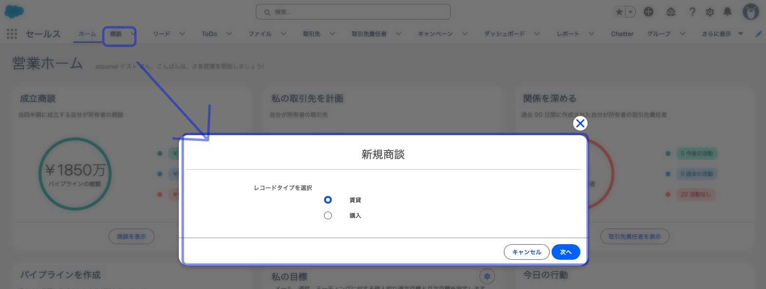 レコードタイプの選択画面