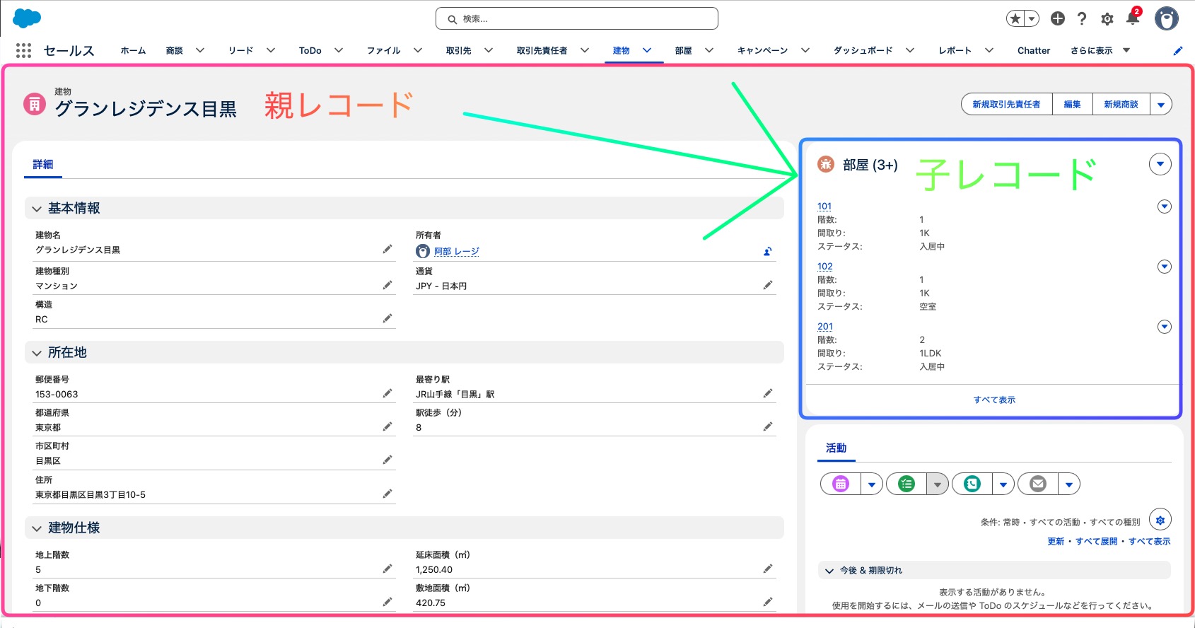 親子リレーションを持つ親レコード画面の見え方