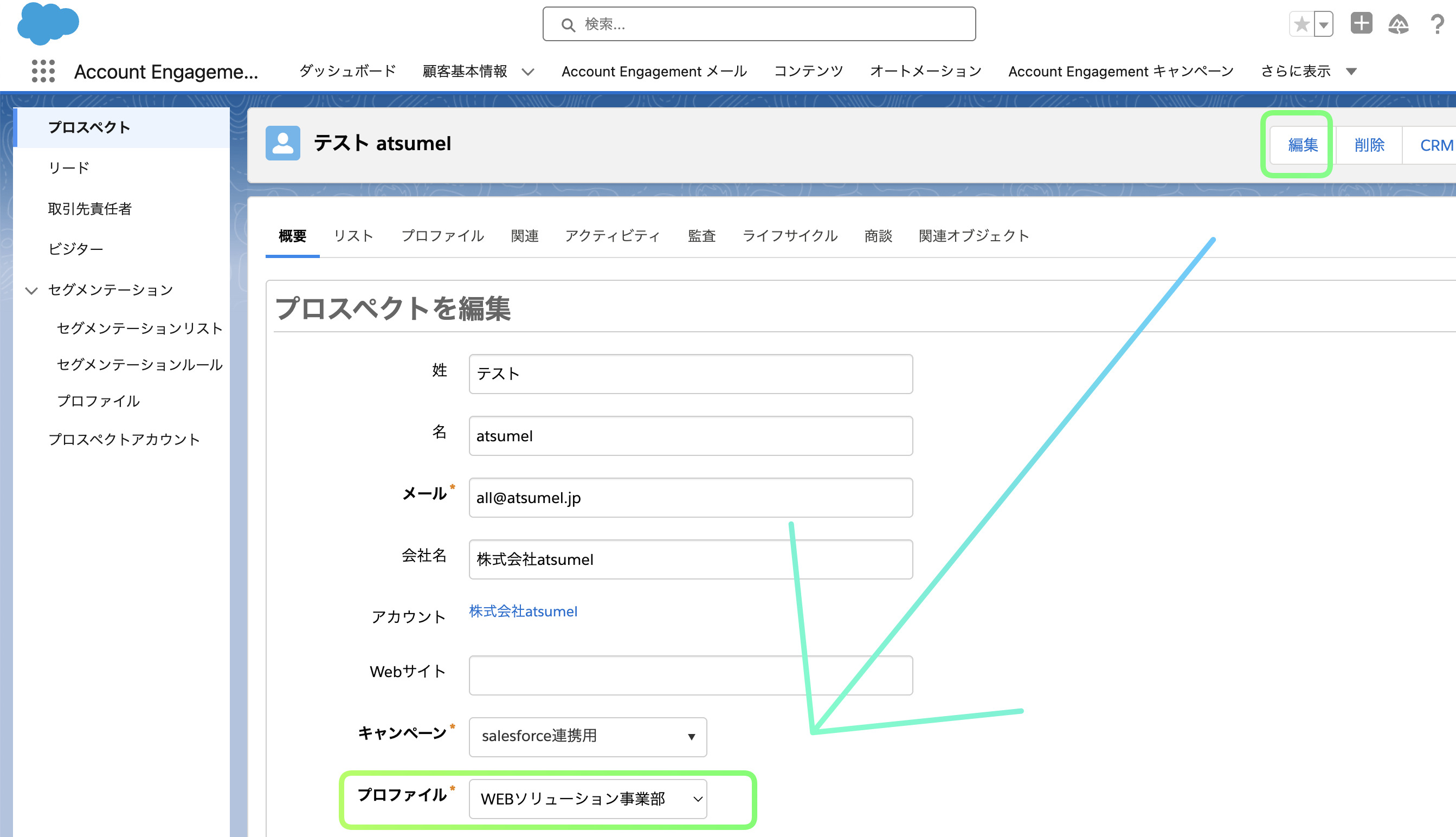 プロスペクトレコード画面のプロファイルの割り当て方法