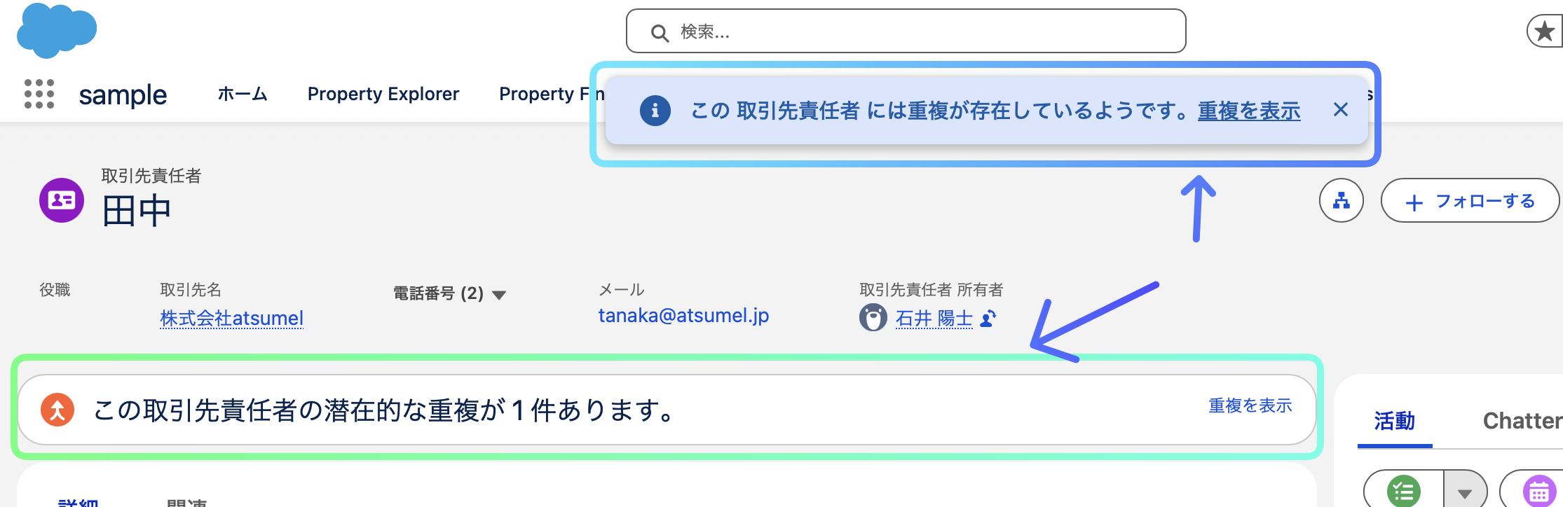 レコード画面で確認できる重複レコードのアラート箇所