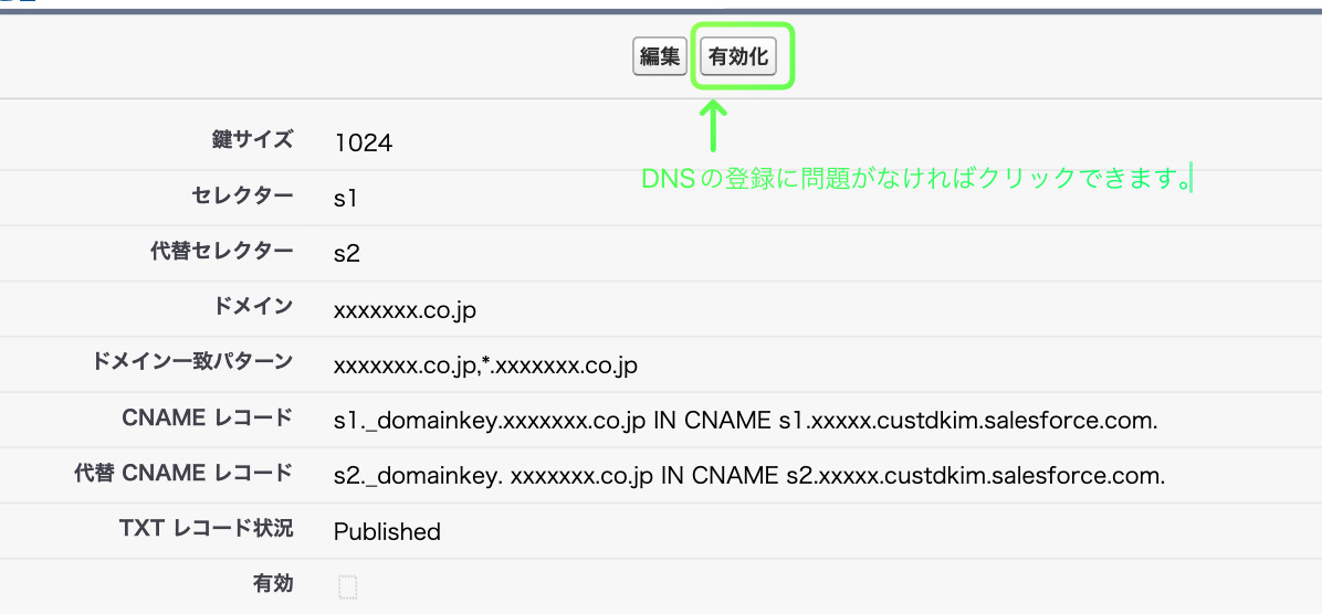DNSの登録が完了した後の有効化ボタン